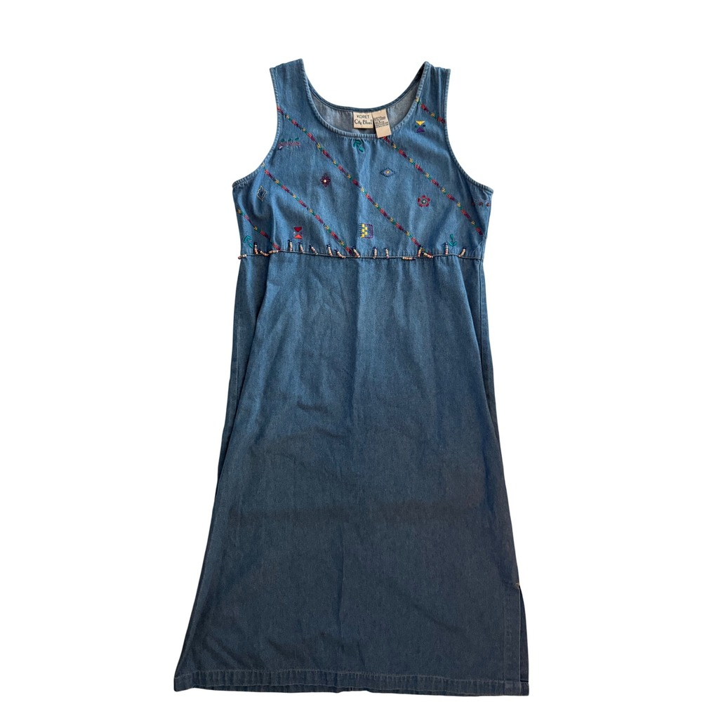 Koret City Blues Denim Embroidered Beaded Midi Dress Blue Cotton Sz S Vintage